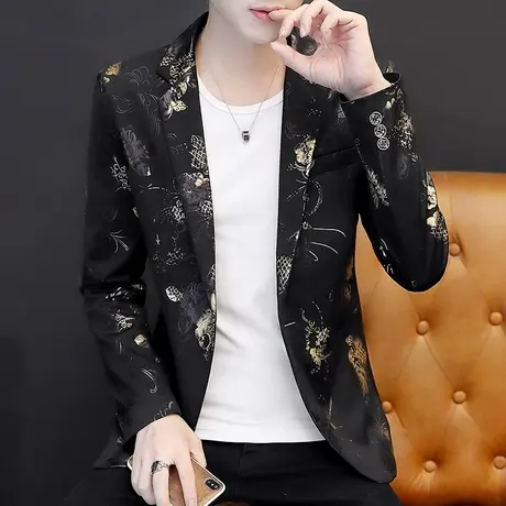 男士个性印花西服秋季潮牌精神上衣外套痞帅气夜场韩版修身小西装商品大图