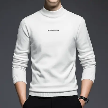 白色毛衣男秋冬打底衫半高领保暖内搭针织衫线衣潮流印花中领毛衫图片