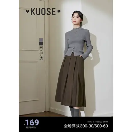 阔色灰色半高领针织衫女2023秋冬季新款修身开叉内搭打底衫毛衣黑图片