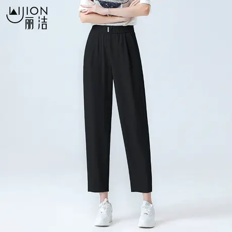 丽洁宽松黑色裤子女夏季新款七分裤薄款哈伦裤松紧高腰女裤休闲裤商品大图