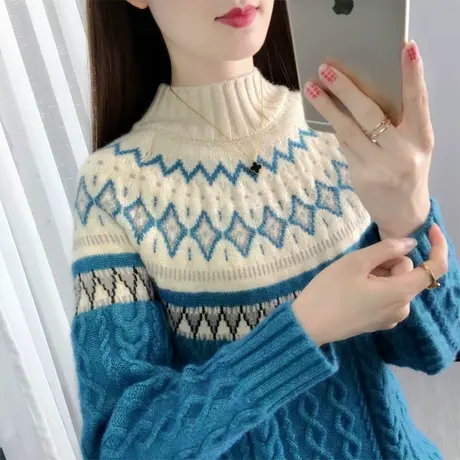 毛衣女秋冬2025款女士套头加厚宽松半高领打底衫内搭拼色洋气商品大图