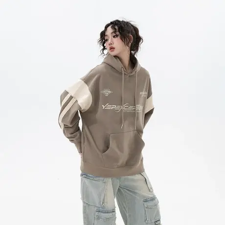 YEP情侣拼接连帽卫衣女春秋2024年新款美式复古宽松潮牌上衣外套图片