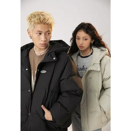 复古纯色连帽棉服女冬季加厚外套2023新款情侣装宽松面包服棉衣潮商品大图