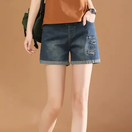 韩潮袭人松紧腰休闲宽松牛仔短裤女2024夏季新款破洞磨白直筒热裤商品大图