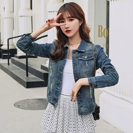 ins春秋新款修身短款牛仔褂外套女网红显瘦百搭上衣服潮破洞5图片