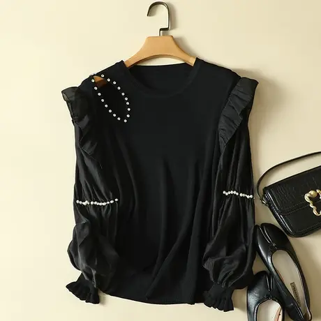 清仓！雪纺长袖冰丝针织衫女春装2024年新款洋气上衣宽松打底衫商品大图