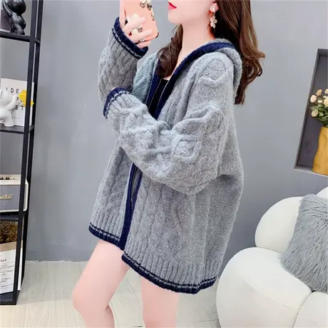 学院风麻花连帽毛衣外套女秋季2023年新款宽松复古慵懒风针织开衫图片