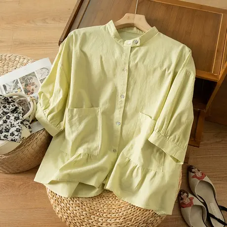 享永子七分袖亚麻衬衫女夏文艺复古宽松显瘦纯色棉麻上衣2023新款图片