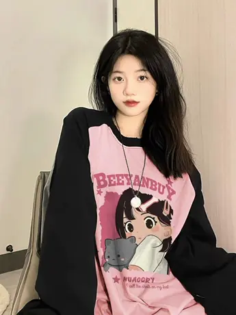 粉色拼接插肩袖小众长袖T恤女秋冬2023新款宽松纯棉爆款别致印花商品大图