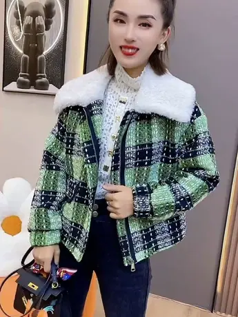 小香风粗花呢毛呢短外套女2023秋冬季新款羊羔毛领加棉加厚上衣潮商品大图