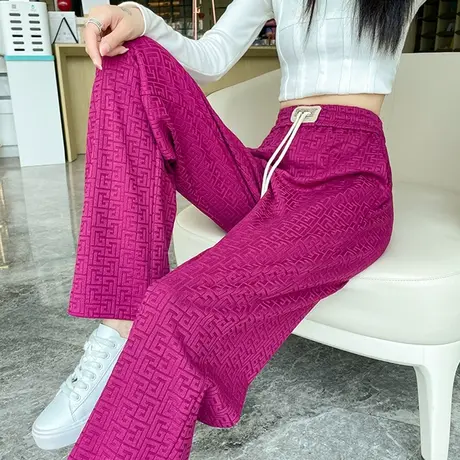阔腿裤女春秋季2023新款高腰垂感显瘦提花拖地休闲宽松直筒针织裤商品大图