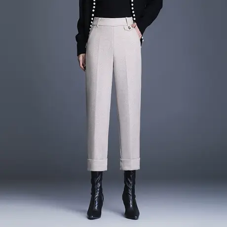 羊毛呢八分靴裤女秋冬2023新款洋气卷边直筒烟管裤显瘦九分休闲裤商品大图