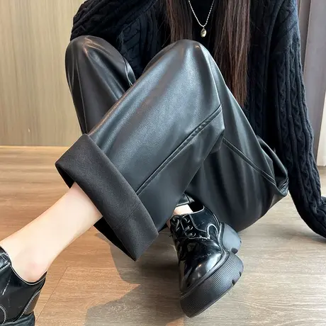 黑色PU皮裤女2023新款秋冬宽松休闲裤高腰显瘦直筒阔腿拖地长裤子图片
