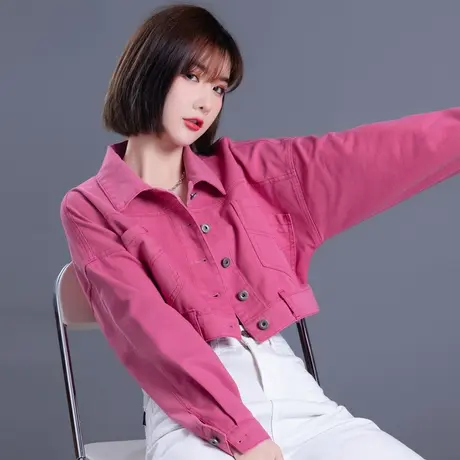 玫红色牛仔外套女2025年新款春秋小众彩色高腰牛仔上衣小个子短款商品大图