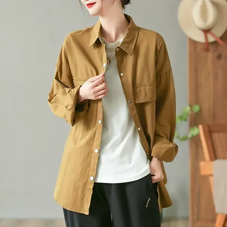 dza 复古宽松休闲长袖衬衫外套女士秋季百搭polo领上衣中长款衬衣图片