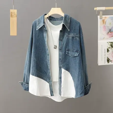 休闲牛仔衬衫外套女宽松2024春秋季新款韩版牛仔衬衣中长款上衣潮图片