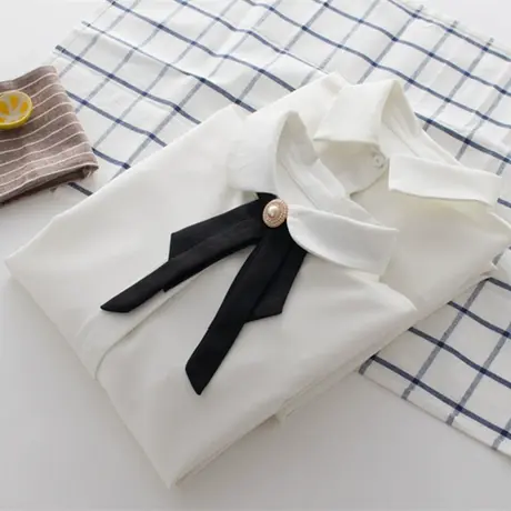 春秋韩版雪纺衬衫女长袖不透百搭职业翻领蝴蝶结学生白色打底衬衣商品大图