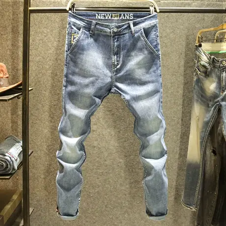 夏季薄款蓝色牛仔裤男款微宽松小直筒长裤潮牌小众刺绣休闲裤子男图片