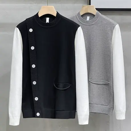 纽扣撞色秋冬季韩版学院风套头男士圆领毛衣潮流长袖打底针织衫男商品大图