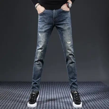 蓝色破洞牛仔裤男款2023新款修身小脚弹力休闲男士牛仔长裤秋冬款商品大图