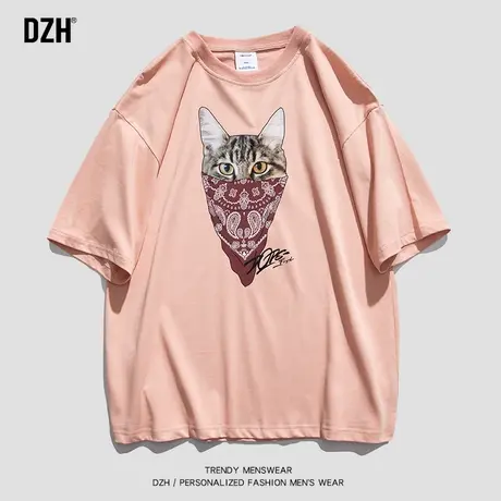 男生粉色短袖t恤男夏季纯棉猫咪印花上衣2023新款情侣装宽松体恤商品大图