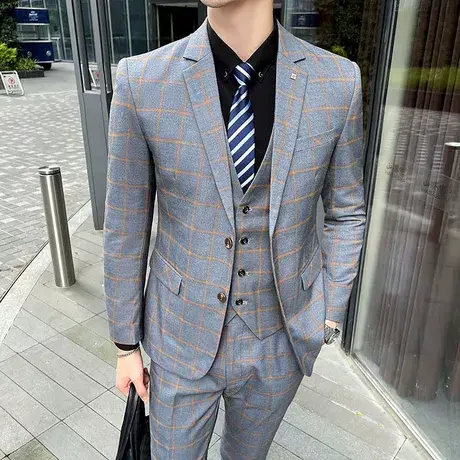 西服男士套装新款格子外套伴郎新郎结婚礼服休闲韩版修身小西装潮图片