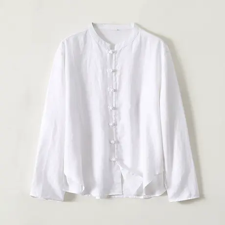 亚麻衬衫男长袖立领中国风男装盘扣上衣宽松休闲棉麻男士白色衬衣商品大图