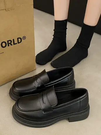 日系复古小皮鞋女英伦风单鞋2023春秋新款黑色粗跟圆头工作乐福鞋商品大图