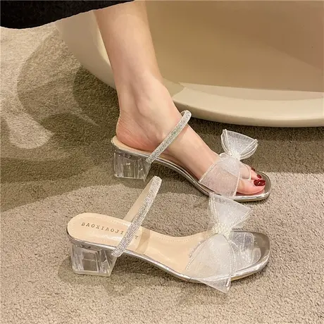 水钻蝴蝶结拖鞋女外穿凉拖2023夏季新款性感珍珠水晶粗跟一字凉鞋商品大图