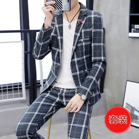 男士英伦风小西服春秋季潮流格子外套发型师帅气韩版修身西装套装图片