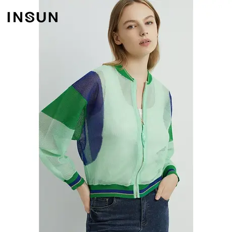 INSUN恩裳2023年早春新品镂空透气休闲撞色针织衫运动拉链开衫商品大图