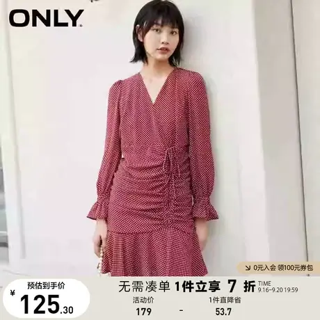ONLY奥莱夏季V领可爱波点长袖抽绳设计裹身连衣裙女图片