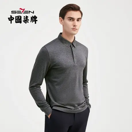 【含羊毛】柒牌清仓男士POLO长袖春秋拼接领格子商务休闲打底衫商品大图