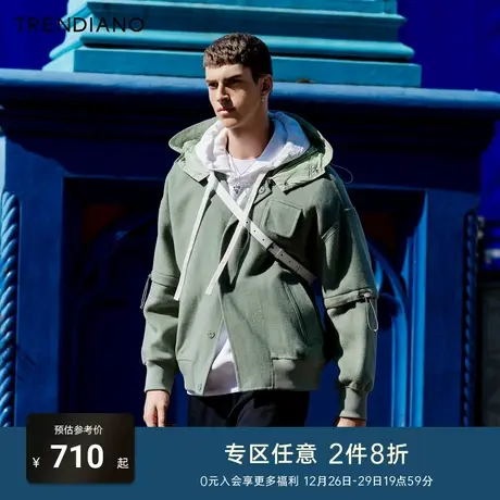 TRENDIANO羊毛呢休闲连帽外套2024年春季新款时尚卫衣开衫男潮商品大图