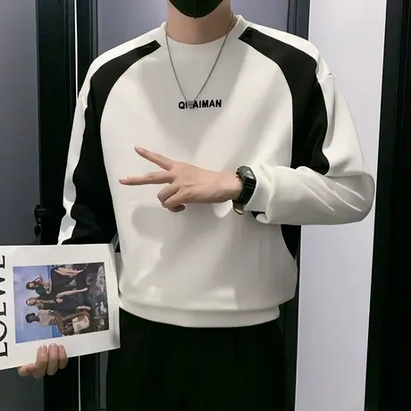 春秋季套头卫衣撞色拼接2023新款潮流t恤高级内搭打底长袖上衣INS商品大图