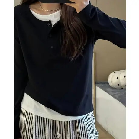 显瘦假两件长袖T恤女大码拼接撞色上衣微胖MM宽松正肩秋冬打底衫商品大图
