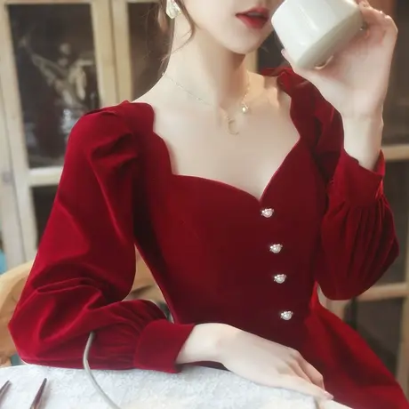 长袖敬酒服新娘2023新款冬季丝绒结婚订婚连衣裙晚礼服裙平时可穿图片