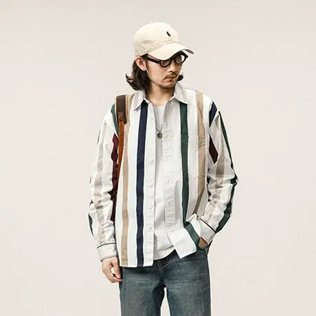 新款时尚衬衫休闲男长袖衬衫百搭色织条纯棉不起毛春秋衬衫休闲男图片