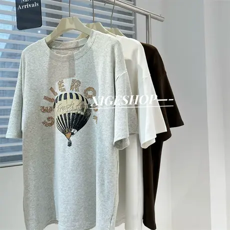 磨毛加厚短袖T恤女早春2024新款热气球字母印花宽松圆领中长打底商品大图