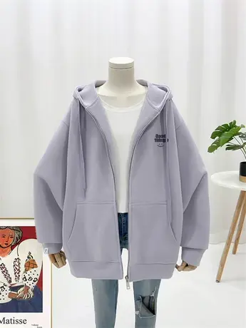 2024春季新款韩版宽松BF风刺绣笑脸连帽拉链卫衣女薄款外套开衫潮图片