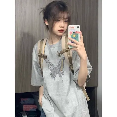 美式纯棉正肩短袖t恤女夏季大码宽松半袖潮牌ins设计感小众上衣服商品大图