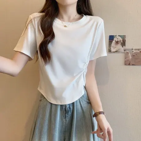 短款抽褶半袖T恤女2024新款夏装修身打底衫韩版百搭短袖上衣ins潮商品大图