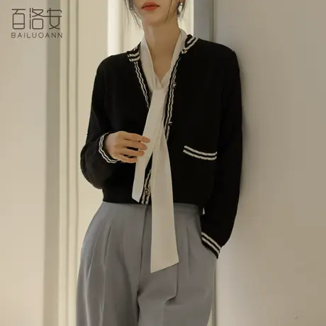 百洛安小香风针织外套女外搭春新款百搭短款撞色圆领长袖开衫上衣图片