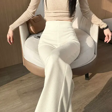 白色针织喇叭裤女2024春季新款高腰显瘦修身小个子休闲软糯微喇裤商品大图