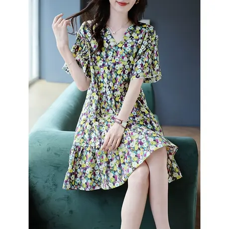 宝诗黎V领印花落肩短袖棉质中长裙女装2024年夏季新款宽松连衣裙商品大图