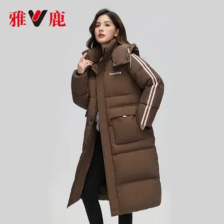 雅鹿2024新款长款羽绒服女冬季拆卸连帽户外运动条纹拼接加厚外套商品大图