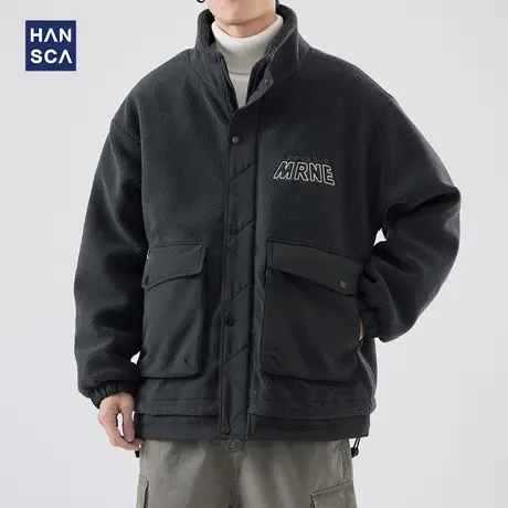 hansca美式潮牌羊羔绒立领羽绒服男冬季鸭绒复古字母绣花宽松外套图片
