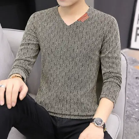 长袖T恤男V领潮流加肥加大码男装速干潮牌卫衣薄款针织衫胖子上衣商品大图