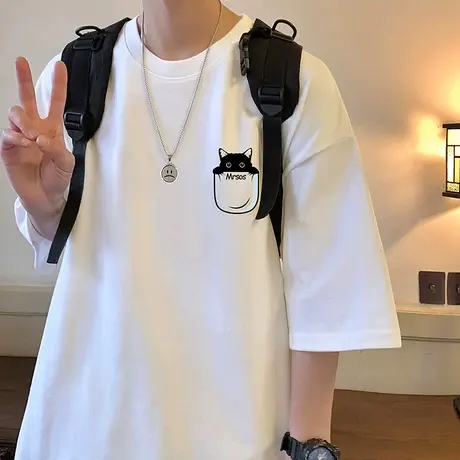 美式短袖T恤男夏季复古oversize宽松纯棉情侣上衣潮流半截袖体恤商品大图