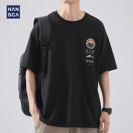 hansca 夏季新款刺绣短袖T恤男士潮牌纯棉圆领宽松休闲半袖打底衫商品大图